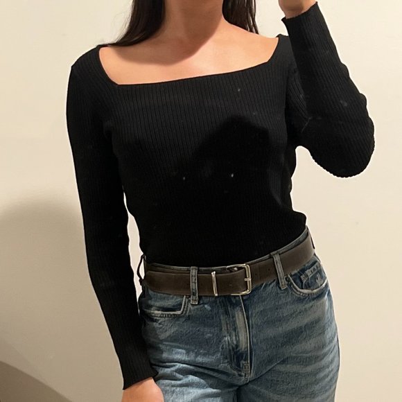H&M Black Ribbed Square Neck Long Sleeve - Picture 1 of 4